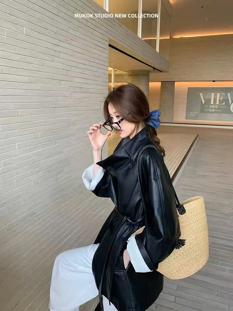 韩版长袖时尚2025秋季西装领口袋常规翻领系带皮衣8003