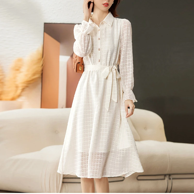 2025新款夏小香风微喇袖气质优雅提花收腰长袖春夏季秋季连衣裙