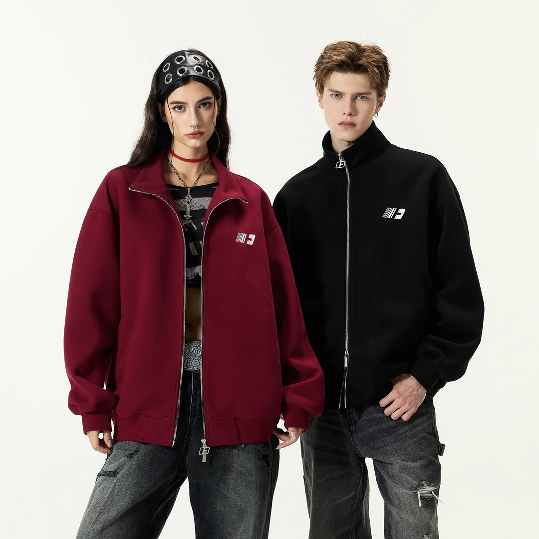 FORNINES刺绣立领拉链开衫卫衣男女宽松加绒潮牌春秋情侣美式外套