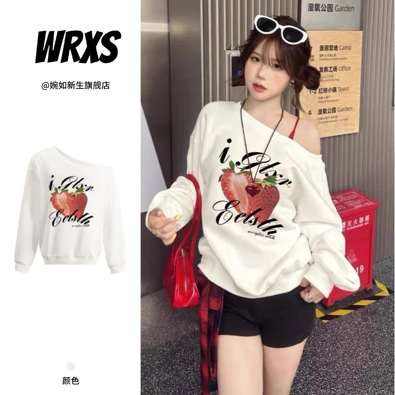 【婉如新生】草莓卫衣水果宽松秋冬慵懒百搭印花斜肩休闲女辣妹美式