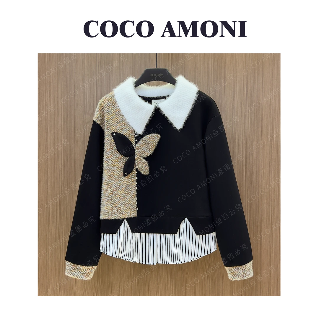 新款设计感原创女装拼接蝴蝶显瘦气质百搭长袖卫衣LDD121