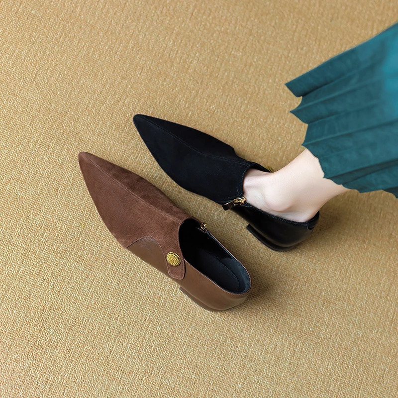 羊皮版真皮尖头深口侧拉链磨砂单鞋女通勤黑色职业平底舒适英伦风