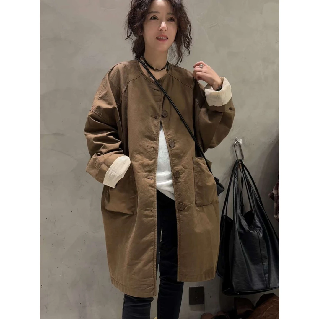 .冀晓夫中长风衣新款大码宽松修身百搭无领洋风夹克新潮.