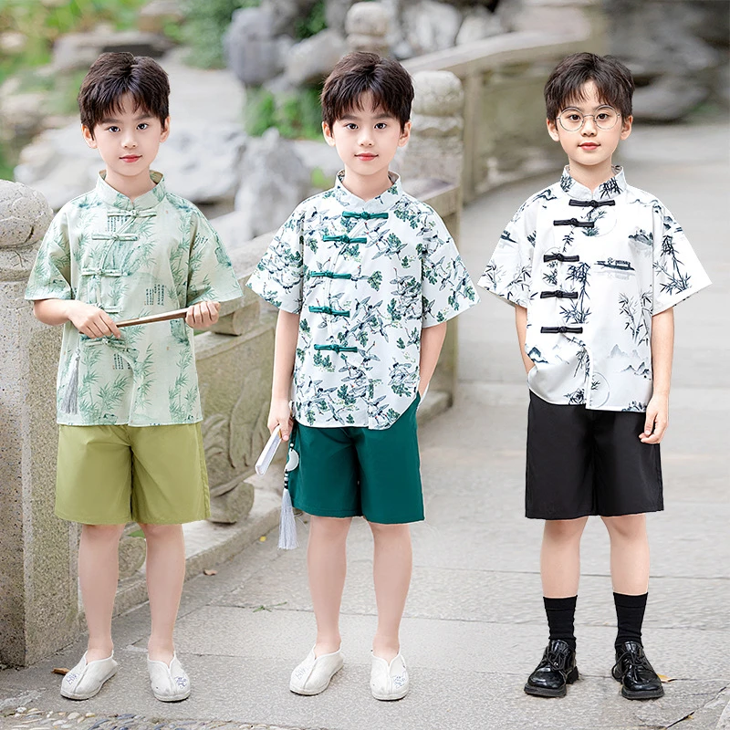 儿童唐装男童国风印花短袖衬衫春夏新中式汉服套装表演主持演出服
