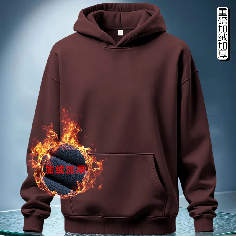 痞帅美式连帽男款宽松加绒加厚秋冬情侣款连帽红色男士本命年卫衣