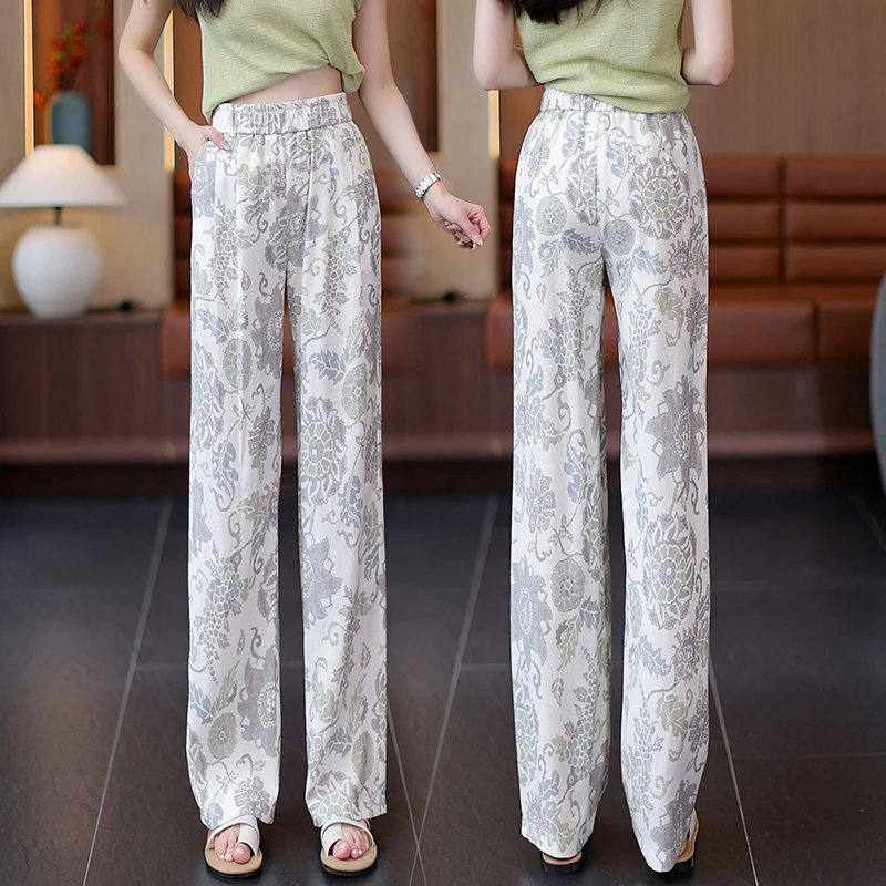 莱赛尔天丝印花阔腿休闲裤女夏季薄款2025新款高腰宽松垂感直筒裤