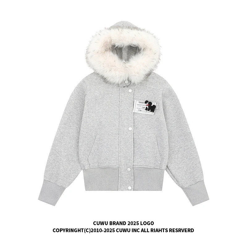 cuwu韩系立体小狗刺绣毛领连帽卫衣开衫女秋季慵懒风短款灰色外套