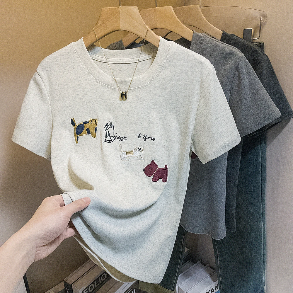 卡通刺绣宽松显瘦正肩短袖t恤女夏季时尚百搭休闲气质减龄上衣