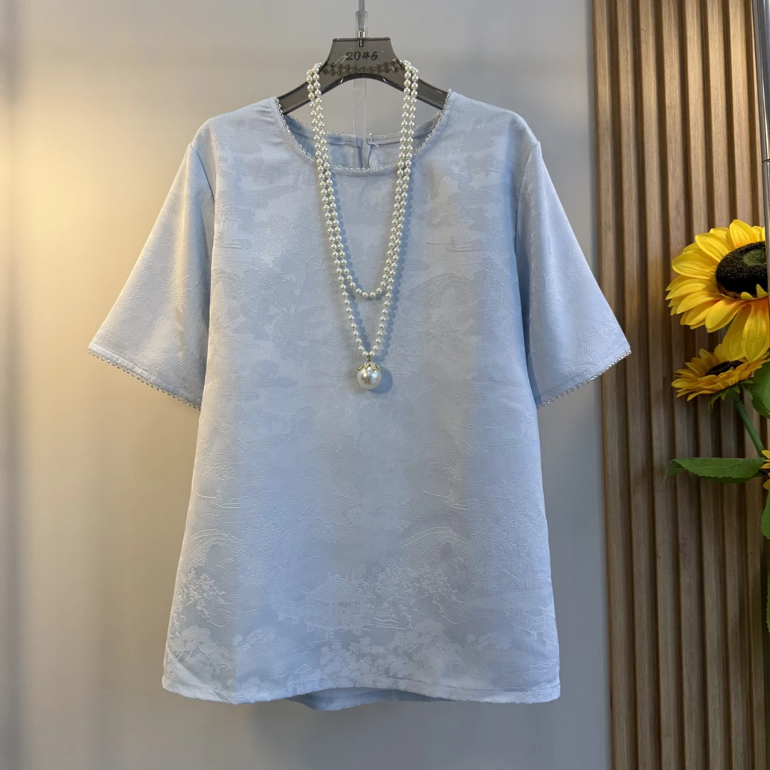 2025大码新中式圆领百搭显瘦款短袖罩衫国风宽松透气薄款外穿衬衫