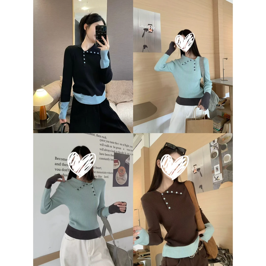51240 韩系设计感撞色翻领纽扣显瘦针织衫