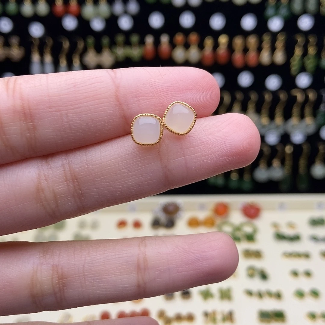 和田玉银S925镀金镶嵌耳饰