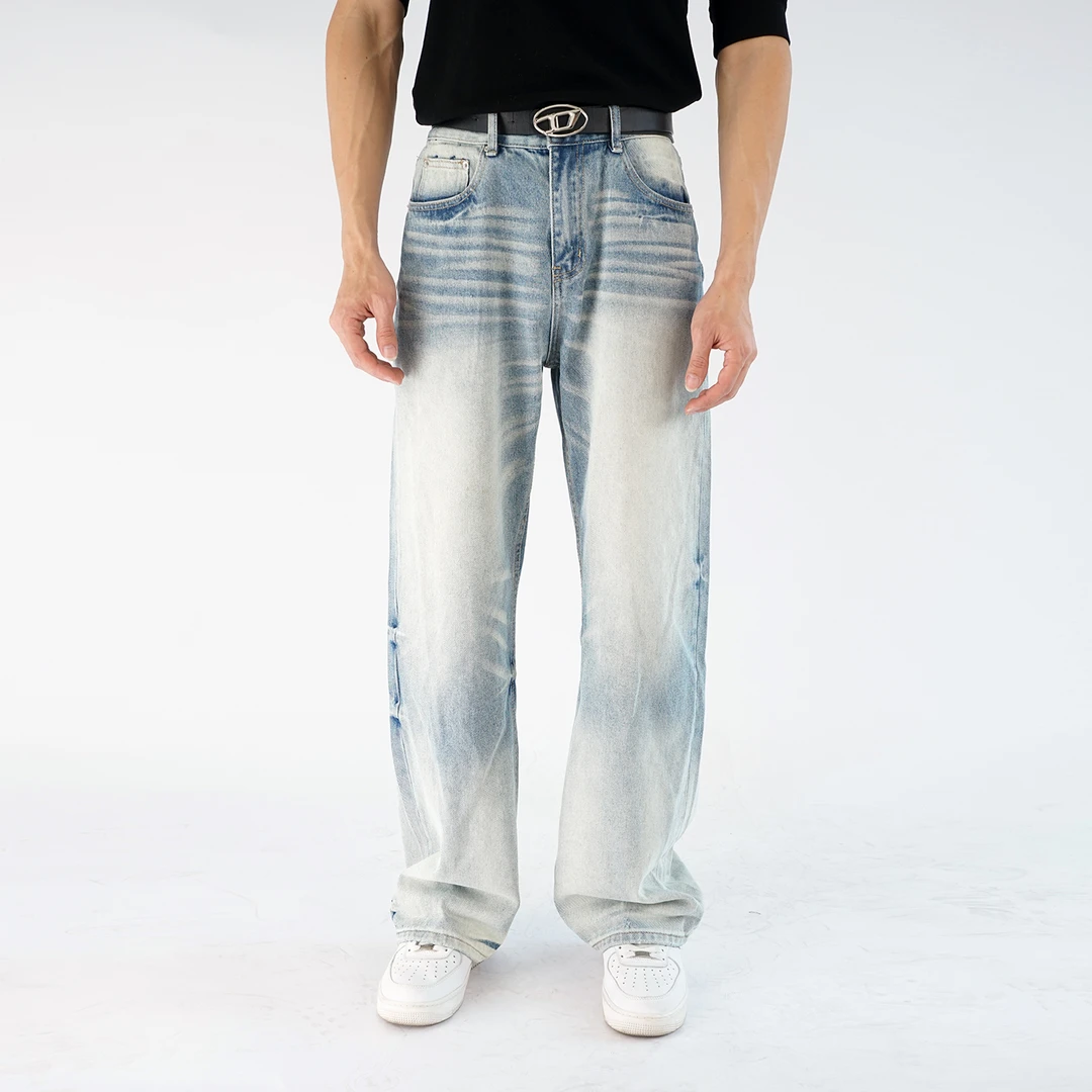 WHATA 美式高街水洗猫须做旧蓝色牛仔裤男女复古潮牌宽松休闲长裤