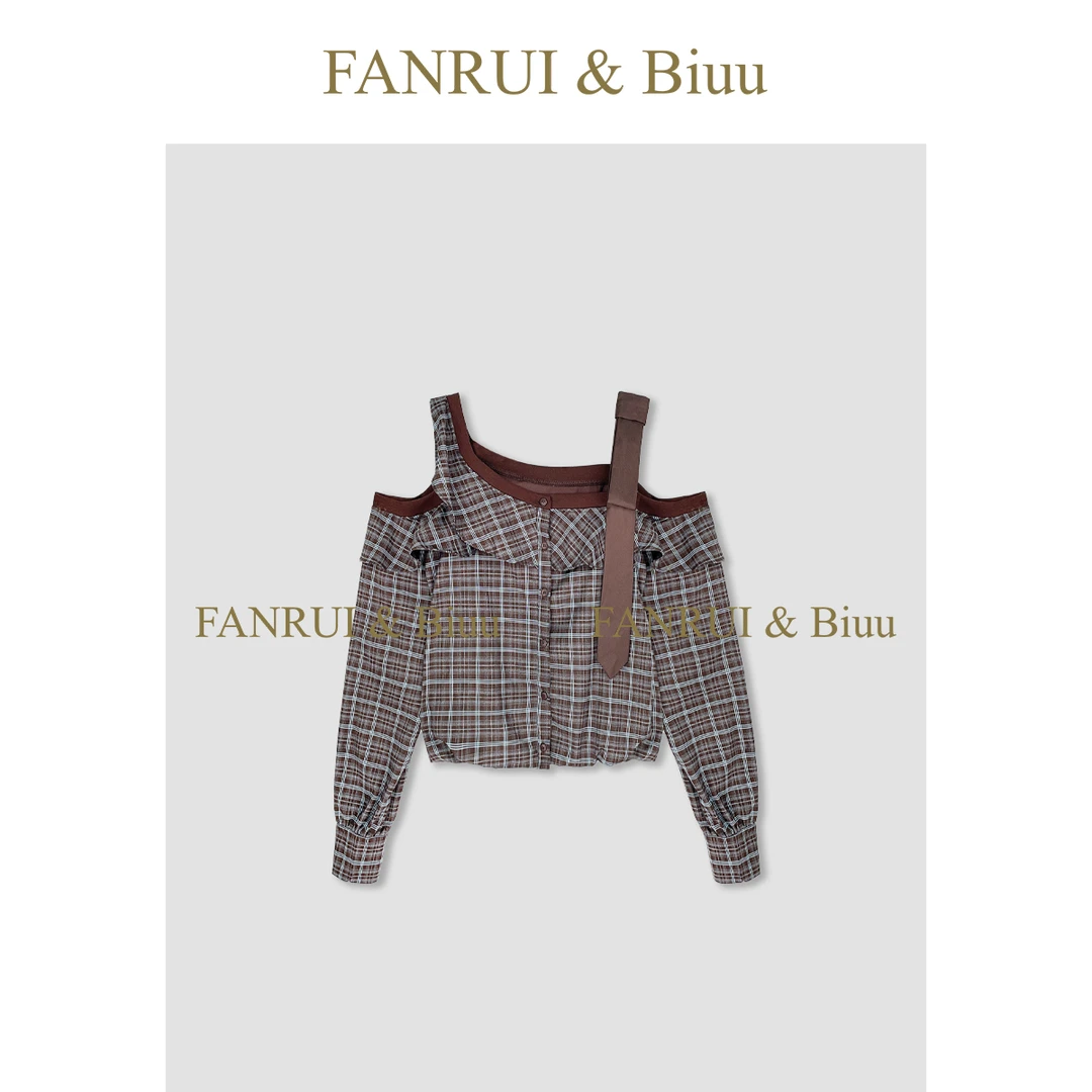 FANRUI/泛芮「韵格潮影」格纹漏肩洋气百搭显瘦设计感卫衣女B18298