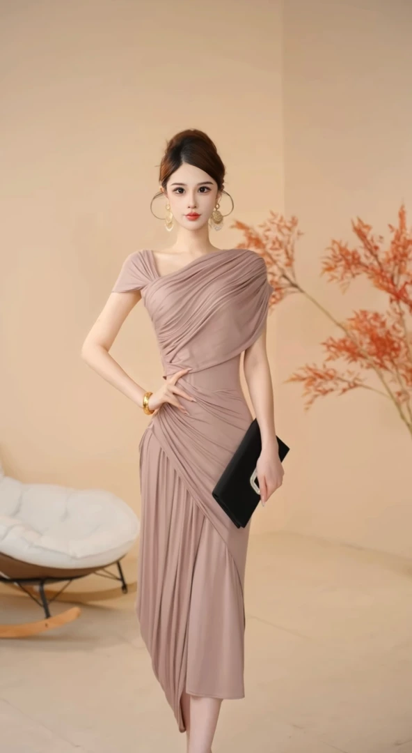 【希腊女神】立体剪裁手工掐折高弹力连衣裙