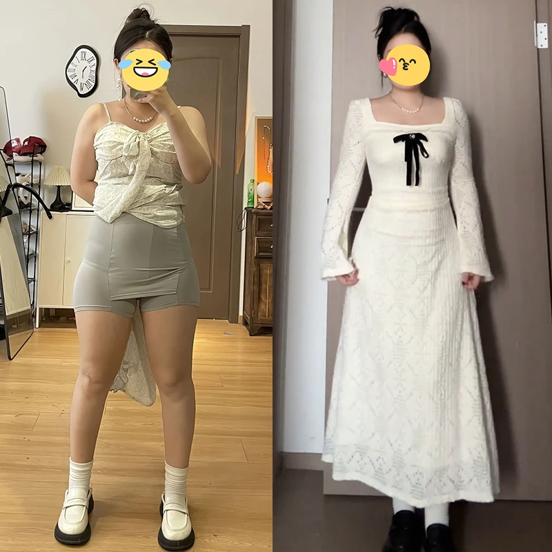 大码法式方领连衣裙女秋季新款胖mm显瘦收腰蝴蝶结高级感温柔裙子