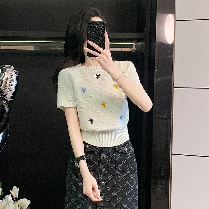 纯欲风白色短袖针织衫上衣女装2025夏季新款修身时髦减龄短款上衣