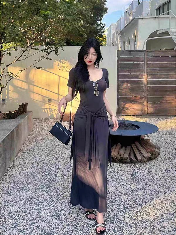 气质休闲风u领假两件连衣裙女夏季新款绑带收腰显瘦包臀长裙6552