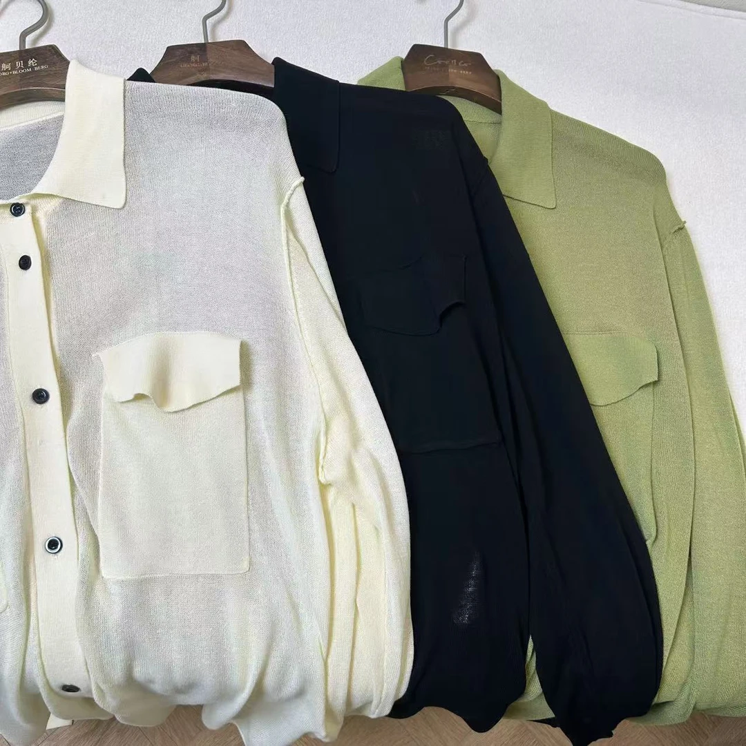 春秋薄款韩版小翻领设计感修身针织长袖开衫H4453