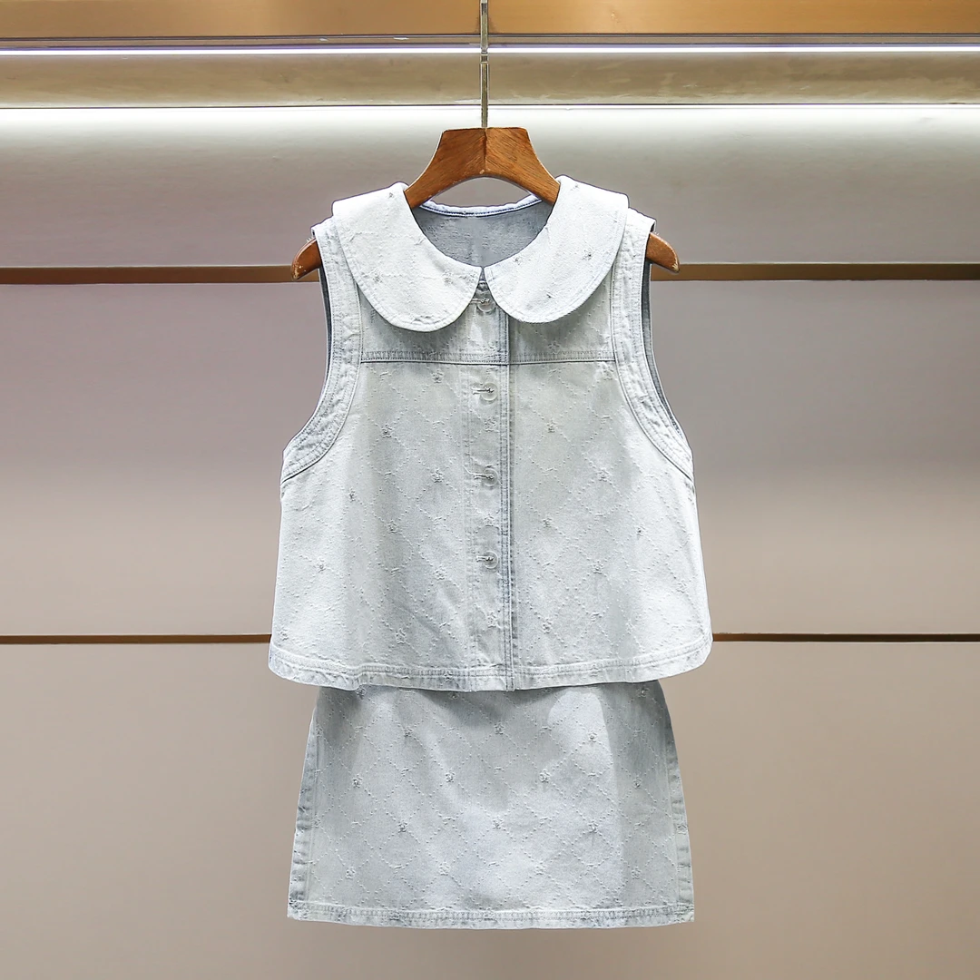 2025夏季新款宽松A字娃娃领牛仔上衣+短裤裙套装女LA13449