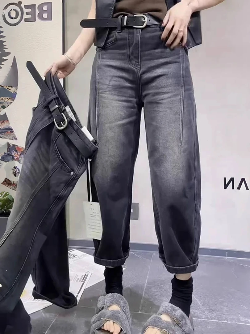 大码女装2025秋季新款高腰九分牛仔裤胖mm宽松显瘦遮胯萝卜哈伦裤