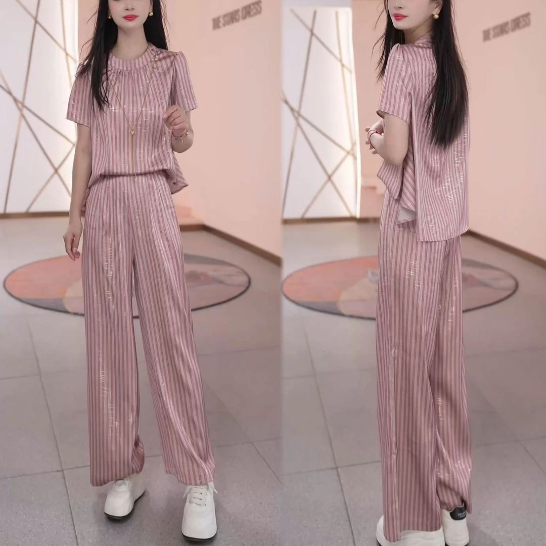 时尚休闲套装女2025夏季新款气质显瘦设计感条纹上衣阔腿裤两件套