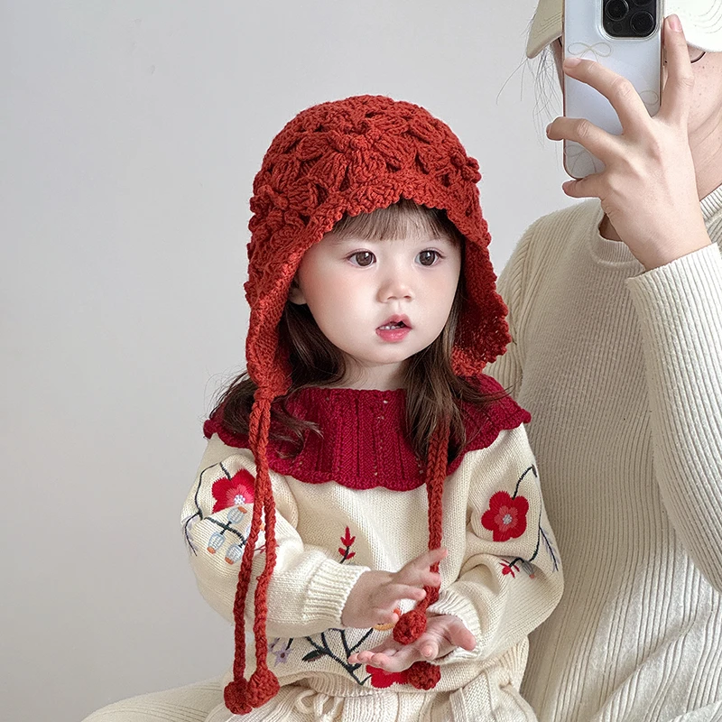 儿童帽子冬天毛线帽韩版洋气手工编织帽宝宝加厚保暖护耳帽防风帽