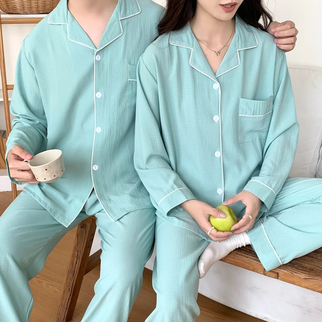 情侣睡衣春秋季新款云朵棉翻领开衫长袖长裤纯色舒适家居服套装夏