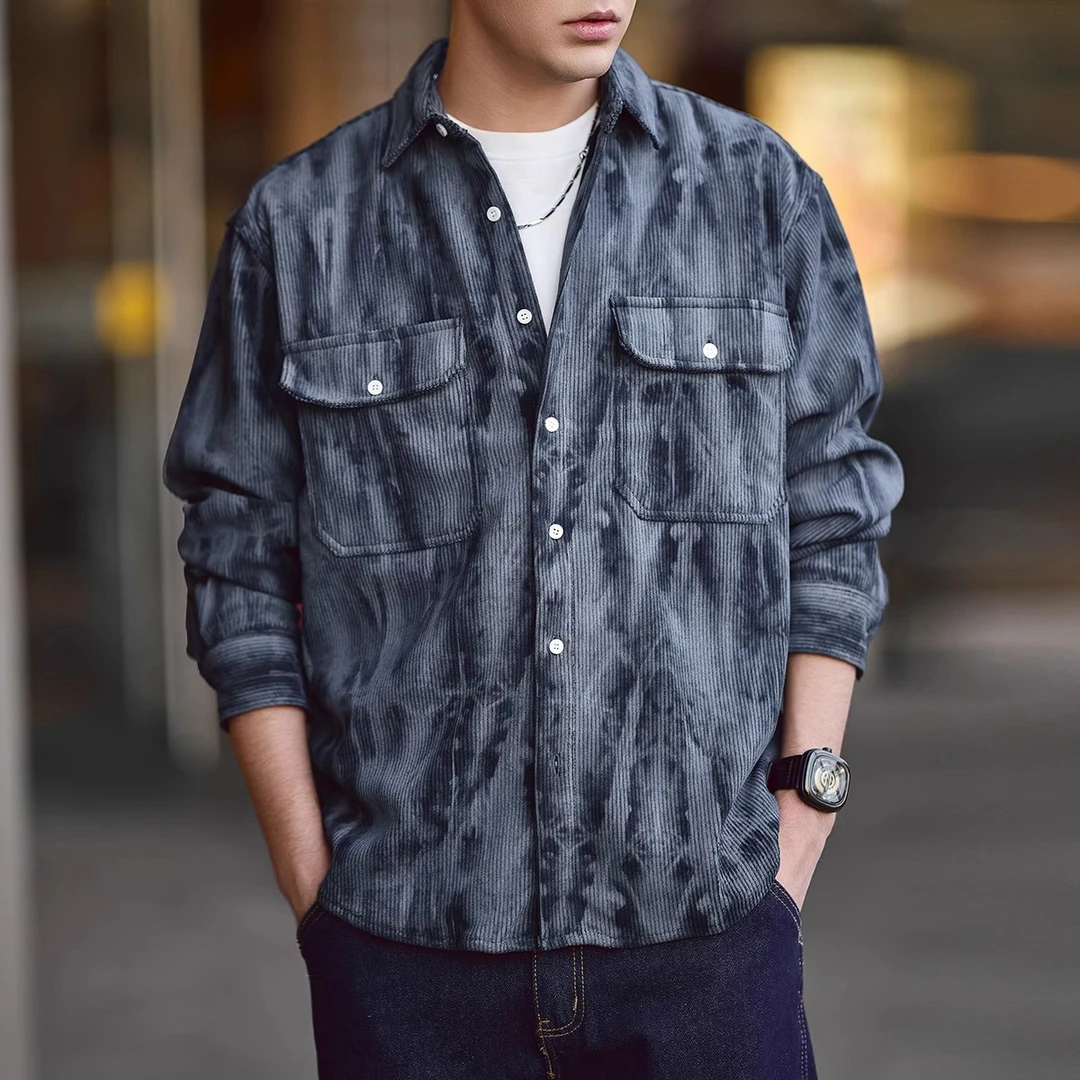 美式复古水洗灯芯绒长袖衬衫外套男士宽松潮牌休闲印染衬衣外套男