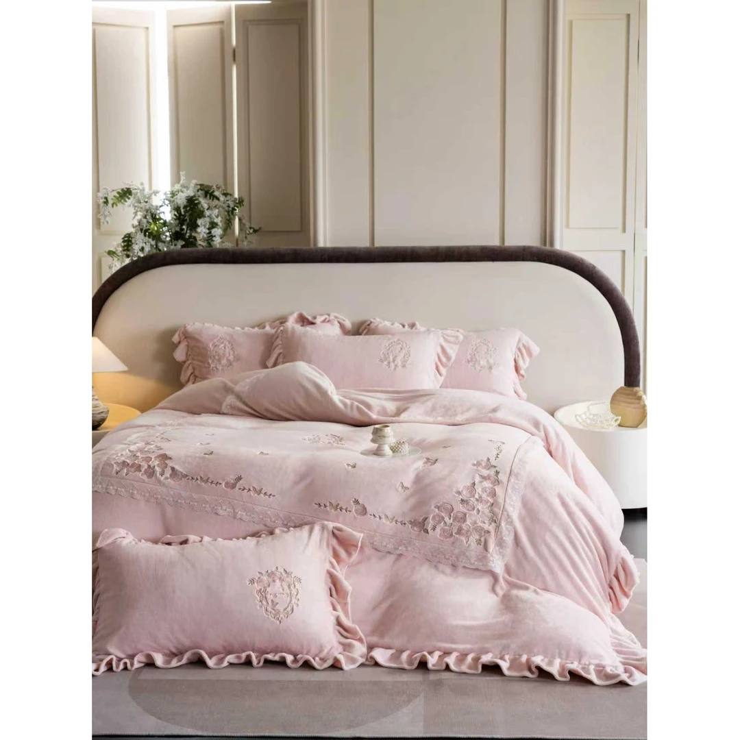 冬季保暖系列新款法式刺绣蕾丝工艺款牛奶绒四件套AL梦之语