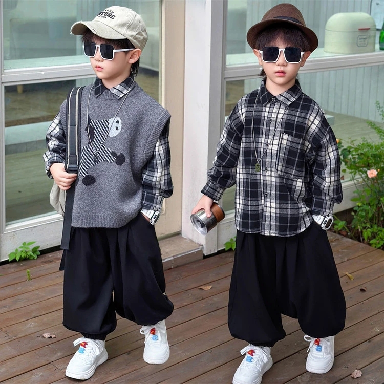 儿童秋季新款毛衣马甲三件套男童中小童时髦格子宝宝洋气套装