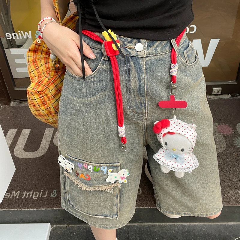 森女部落卡通字母印花短裤五分裤2025夏直筒裤子原创做旧牛仔裤女