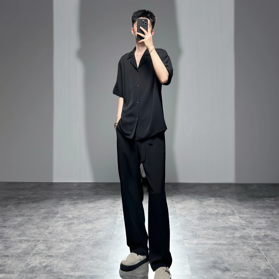 莱德的搭配 夏季男士痞帅衬衫冰丝套装时尚宽松轻熟阔腿裤两件套