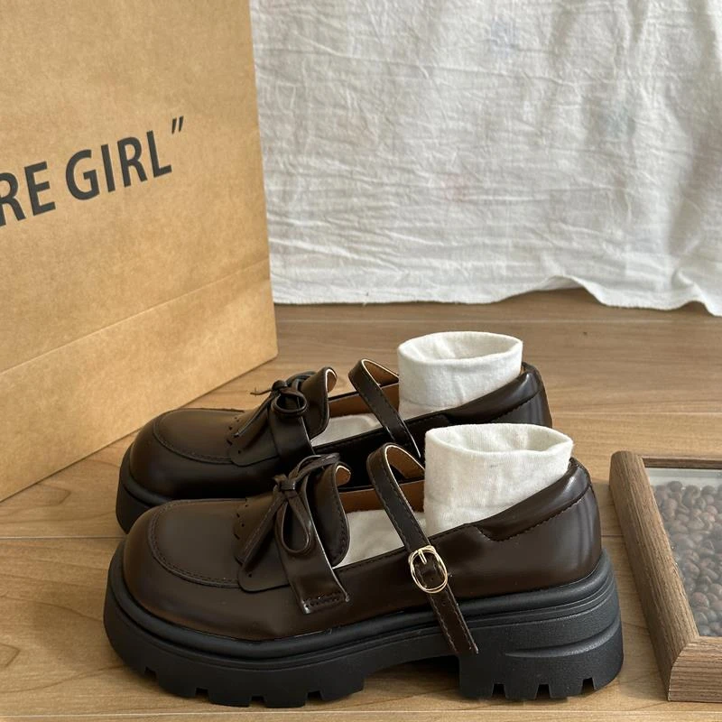 黑色复古玛丽珍小皮鞋女英伦风蝴蝶结厚底增高圆头百搭日系单鞋