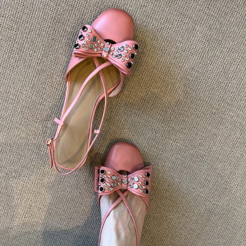 羊皮版！专柜同款~法式水钻蝴蝶结浅口包头凉鞋女粉色玛丽珍鞋女