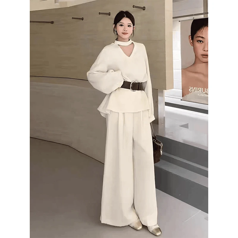 法式气质休闲套装2025秋季新款韩系穿搭v领宽松上衣阔腿裤两件套