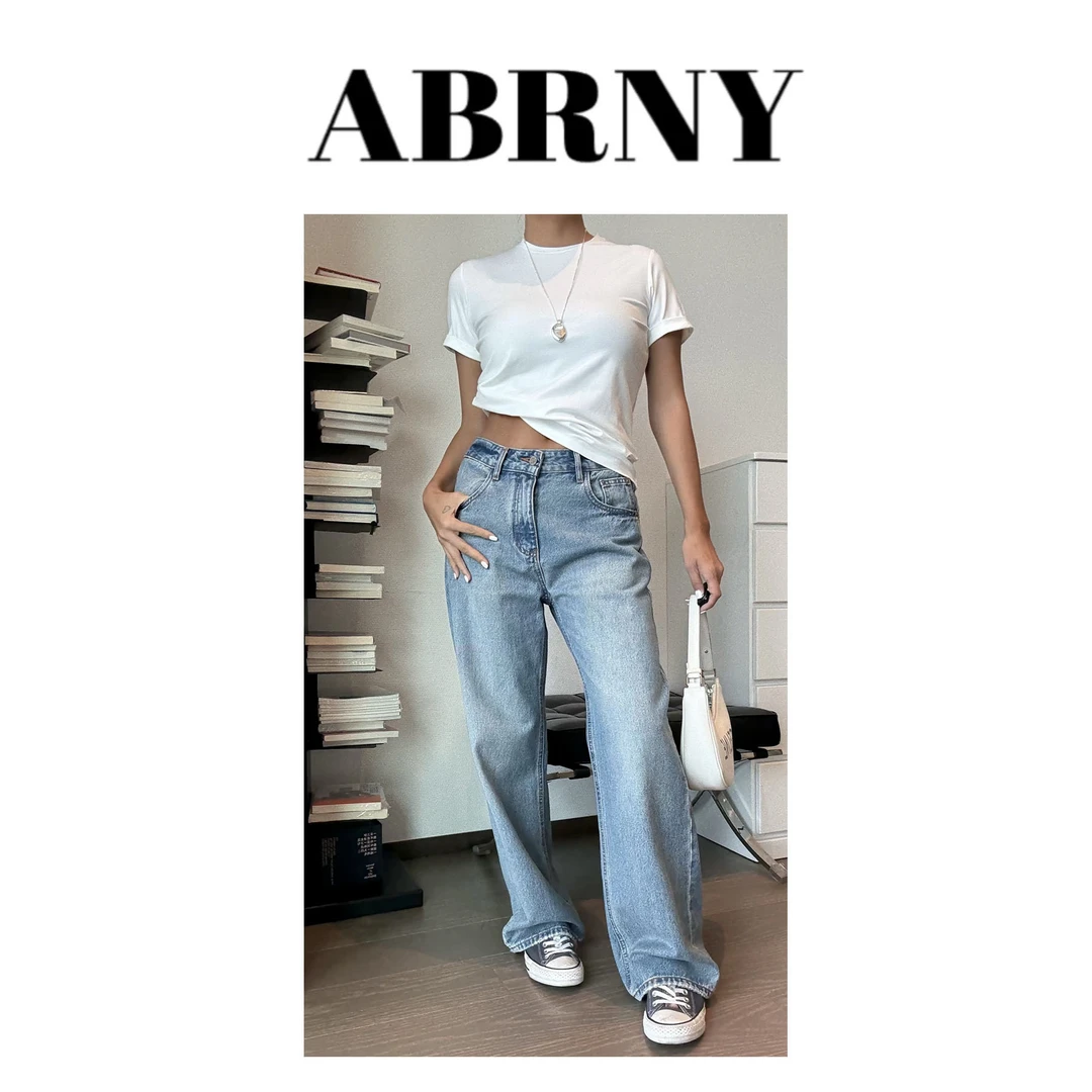 许小黑【一裤封神二代】早春新款3D裁剪高腰无弹破边阔腿牛仔裤5323