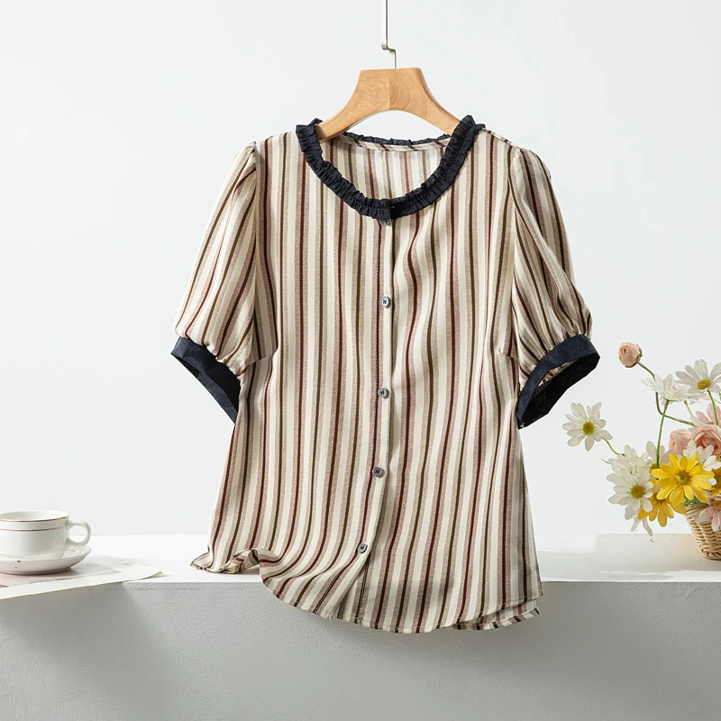 季念法式高级感减龄薄款撞色条纹短袖衬衫女夏季新款宽松上衣潮