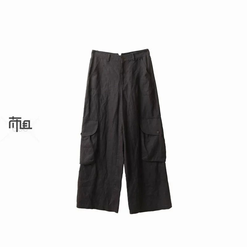 ICE DUST 设计师品牌 2025春夏新款亚麻大口袋阔腿拼接工装裤女