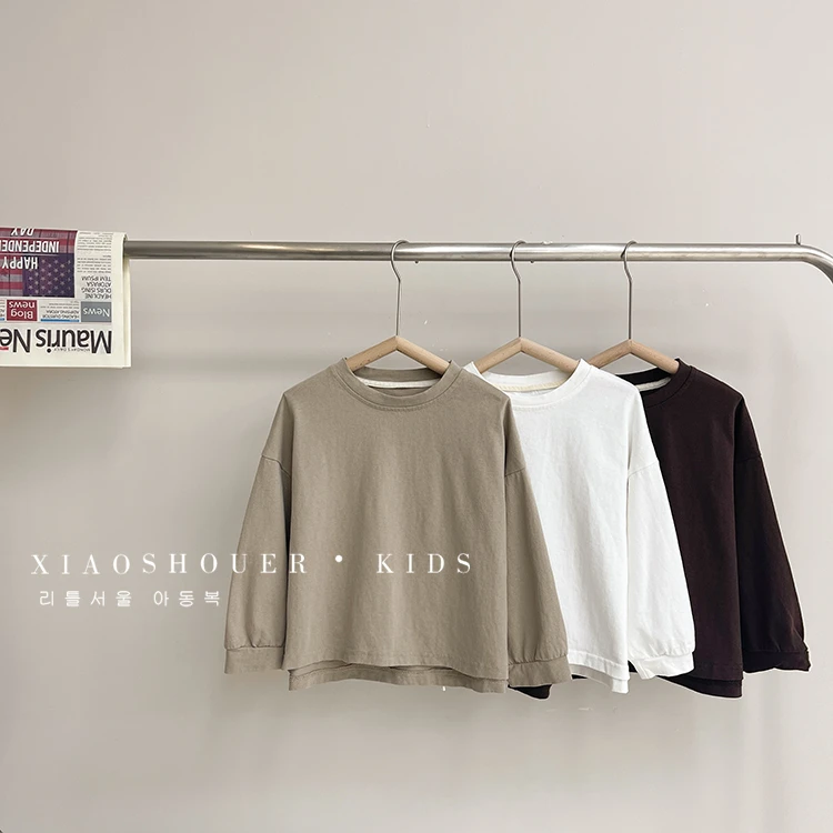 【小首尔】现货-春装儿童简约纯色T恤新款韩版圆领上衣HBB0589