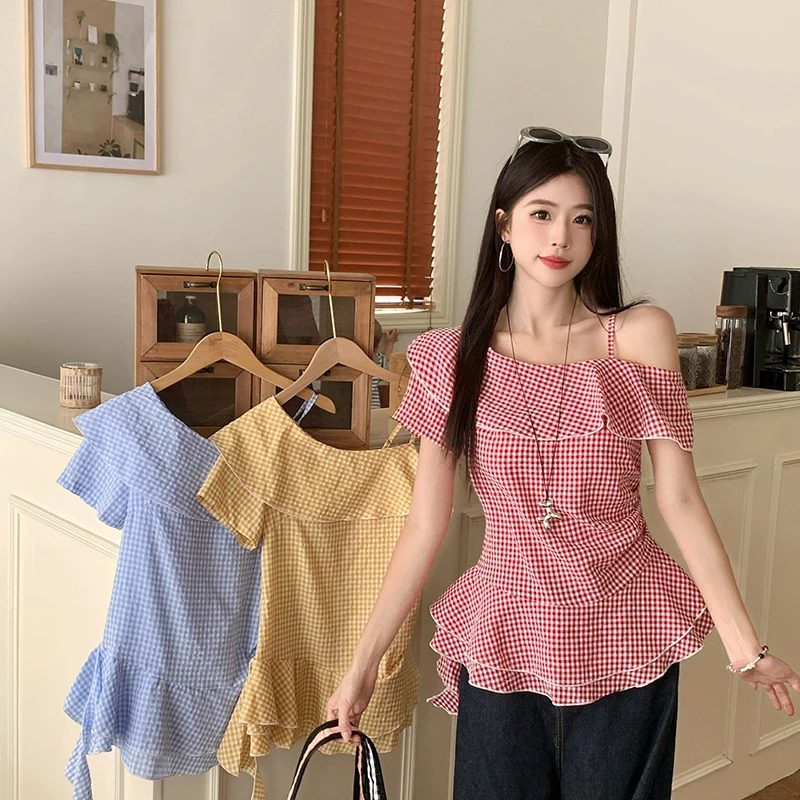大码胖mm夏新款韩版改良斜肩正肩设计感短袖格子上衣设计学院5925