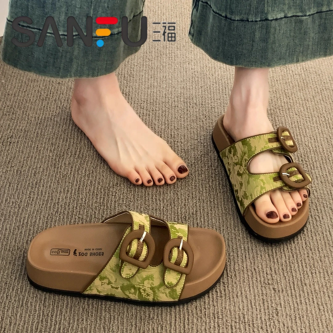 三福真皮厚底勃肯凉拖鞋女2025新款夏季外穿增高博肯海边沙滩凉鞋