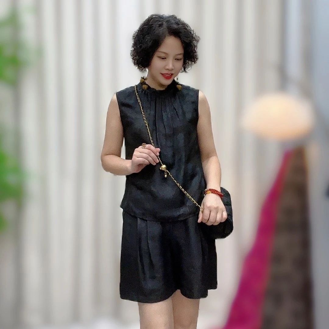 【蚕朵儿】100桑蚕丝香云纱休闲时尚百搭立领背心