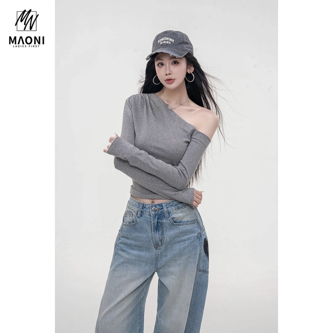 毛妮LADIESFIRST【美肩捕手】捏褶斜领露肩上衣女早秋打底衫L2145