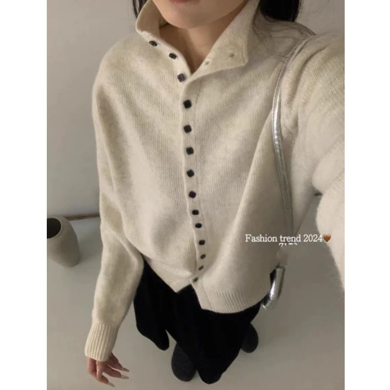 【立领一排扣】简约韩系加厚针织衫纯色纽扣高领立领针织开衫女