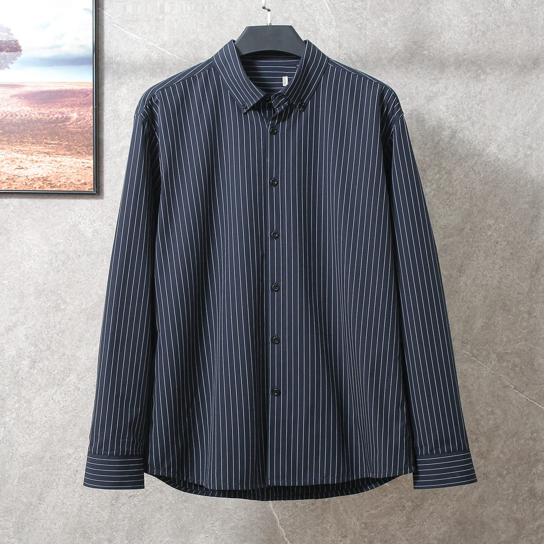 品牌撤柜男装藏青竖条纹男士长袖衬衫加绒加厚中年纯棉休闲衬衣