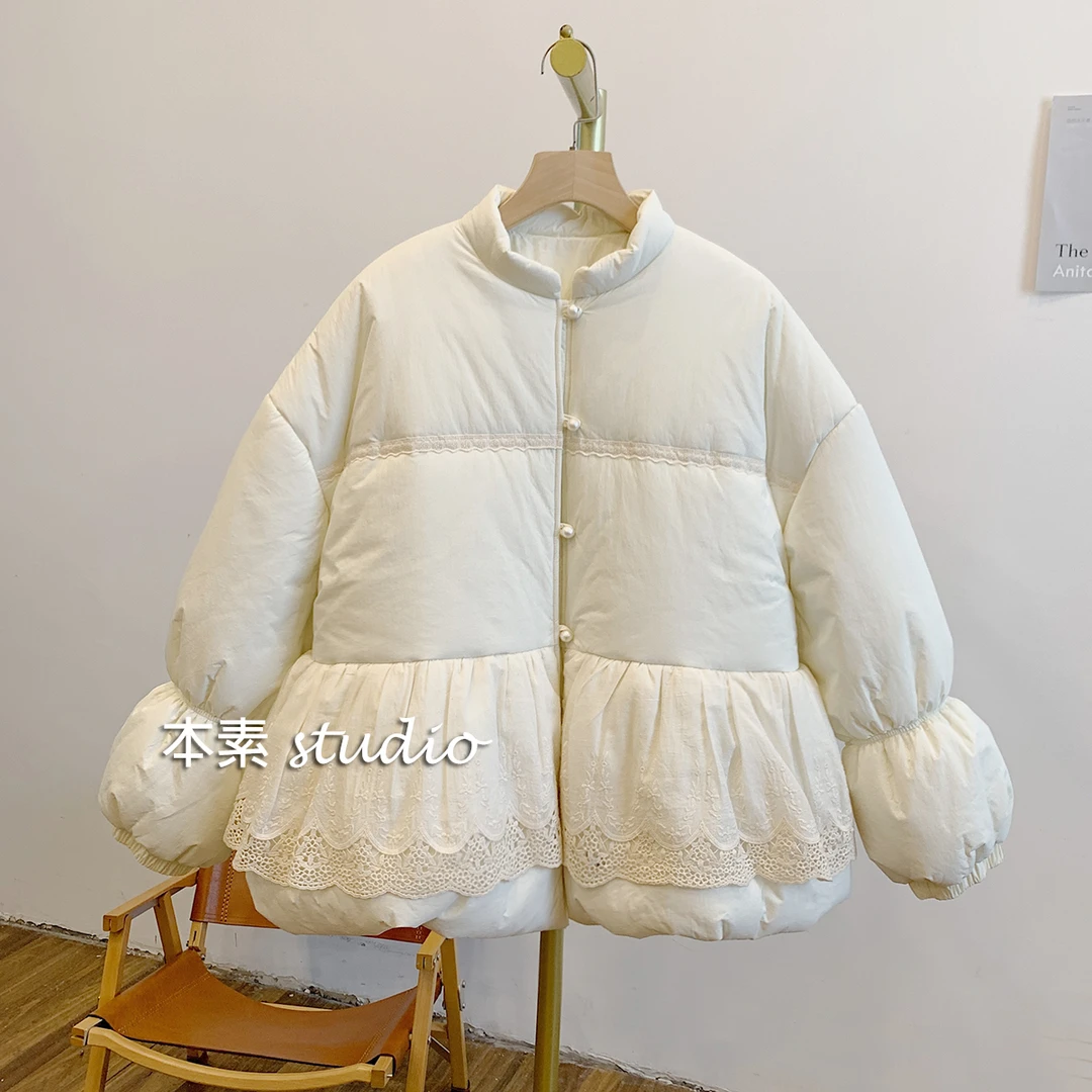 椰椰奶泡C3099夹棉蕾丝拼接立领棉衣