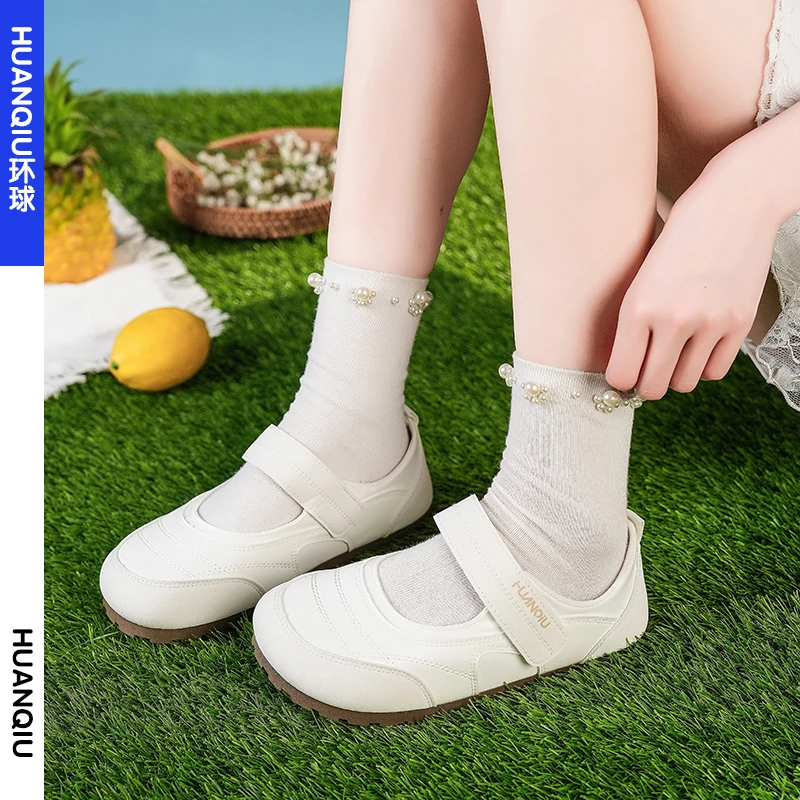 环球女鞋2025夏季新款魔术贴玛丽珍泡芙舒适百搭甜美小白鞋单鞋