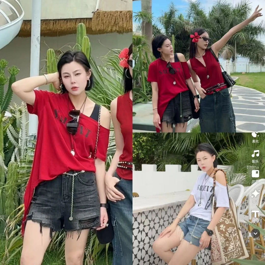 菲林家FL 67599【少女感】 设计感斜肩印花T