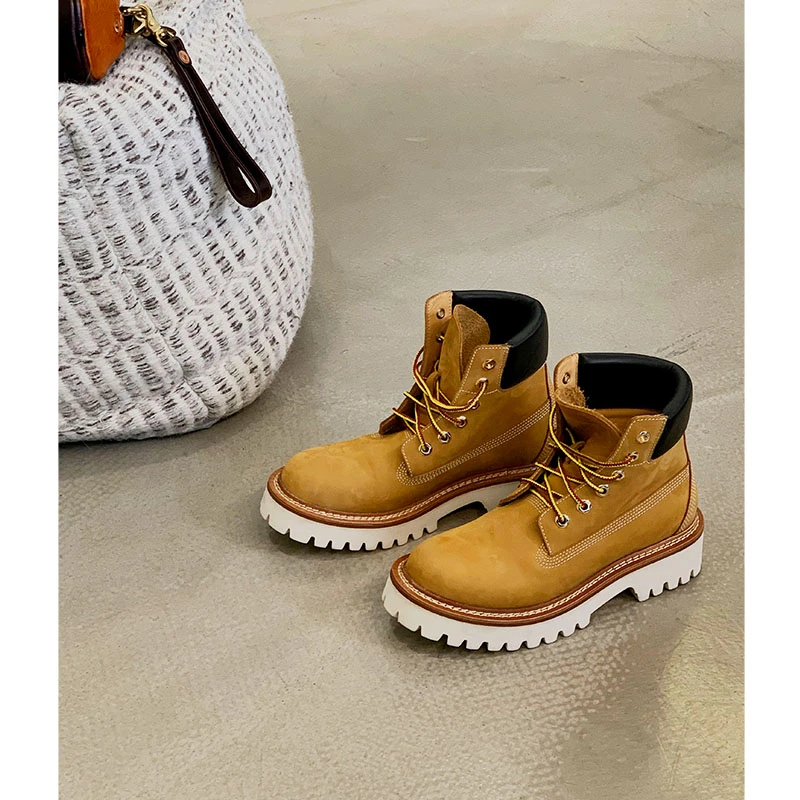 吕小布 | 南征北战 踢不烂圆头真皮拼色大黄靴户外马丁靴女0358