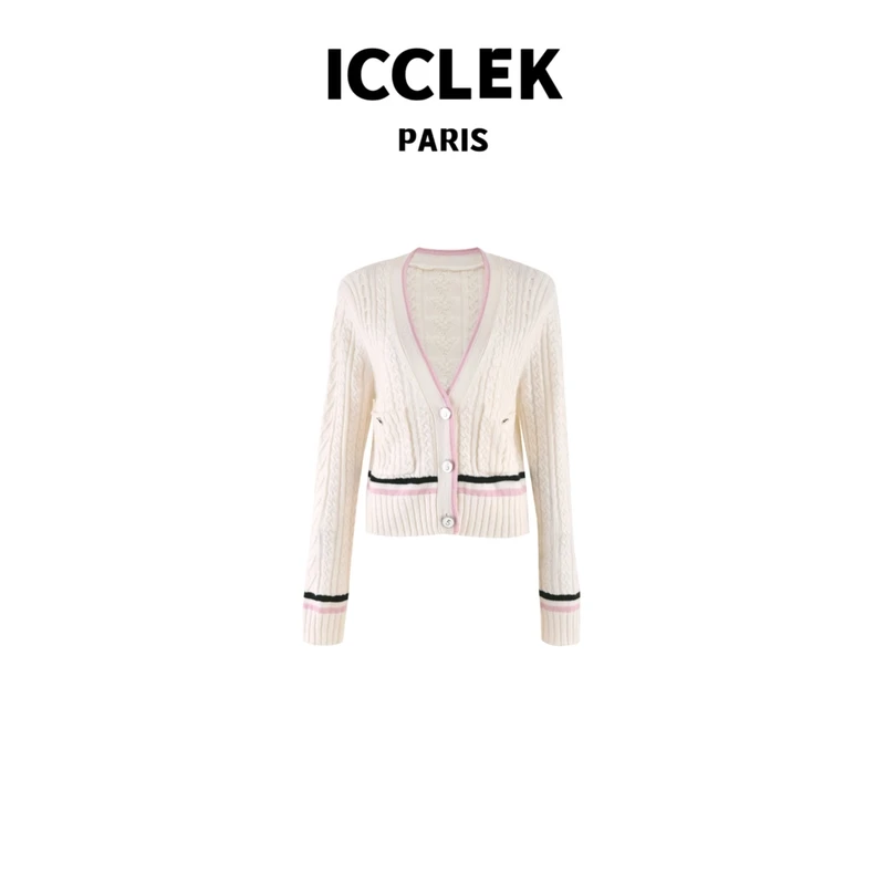 【玲姐专属】粉白撞色 V领 长袖 针织衫 气质 轻奢 名媛 -2889